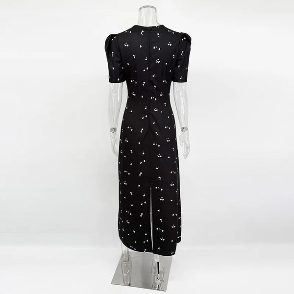 Thomasina Lace-Trim Cutout Puff-Sleeve Print Midi Dress