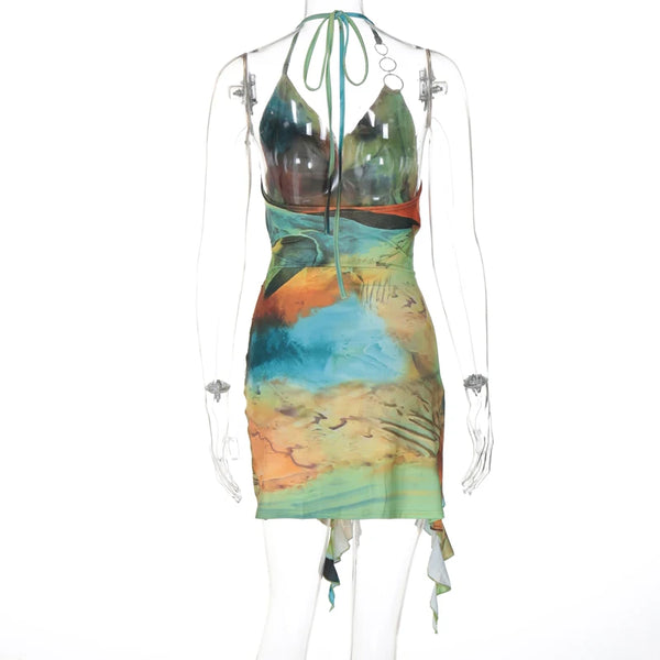 Eliana Scenery-Print Halter Ruffle Mini Dress
