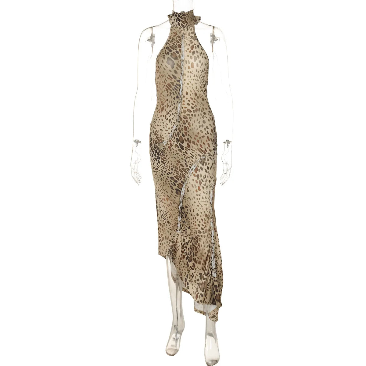 Leopoldine Leopard Print Halter Backless Bodycon Maxi Dress