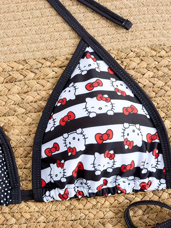 Hello Kitty Women's Bikini Set, Cute Cartoon Print Halter Tie Side Swimsuit, 2 Piece Bathing Suit for Summer Beach