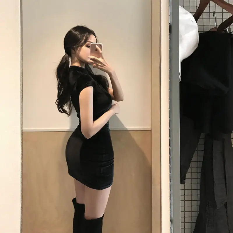 Maribel Black Button-Front High-Neck Mini Dress