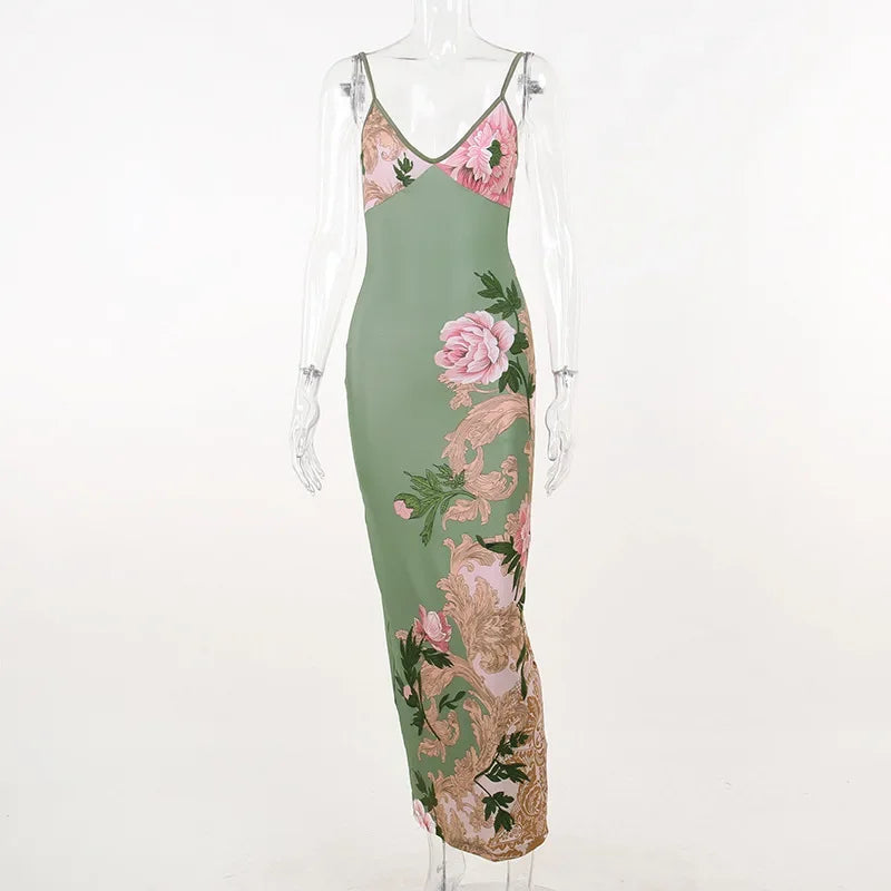 Adalgisa Floral Print V-Neck Cami Backless Bodycon Maxi Dress