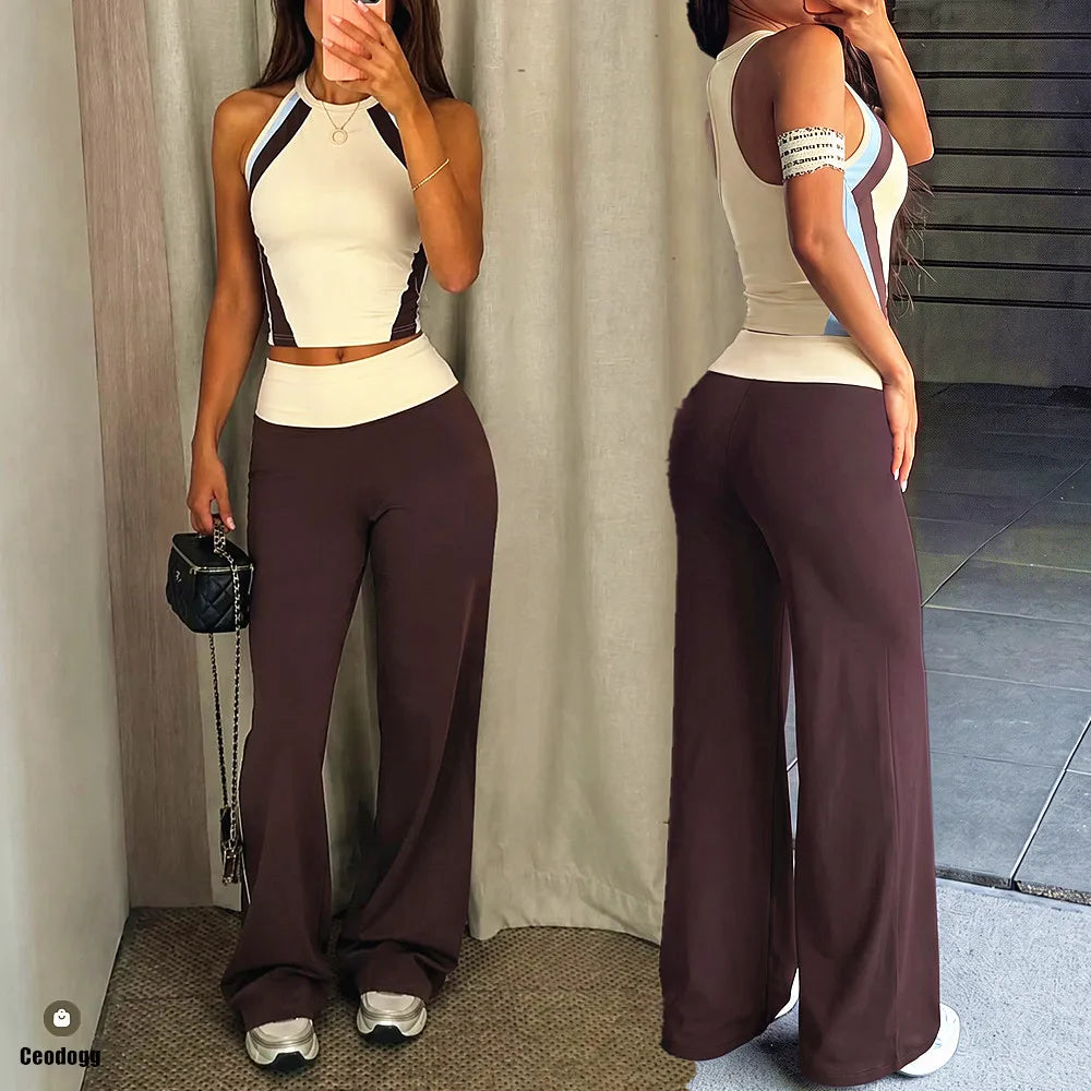 2PCS Pad Workout Sports Bra Vest Women Yoga Set Outfits High Waist Butt Straight Leg Wide Pant Fitness Gym Athletic Wear XP288 Main image