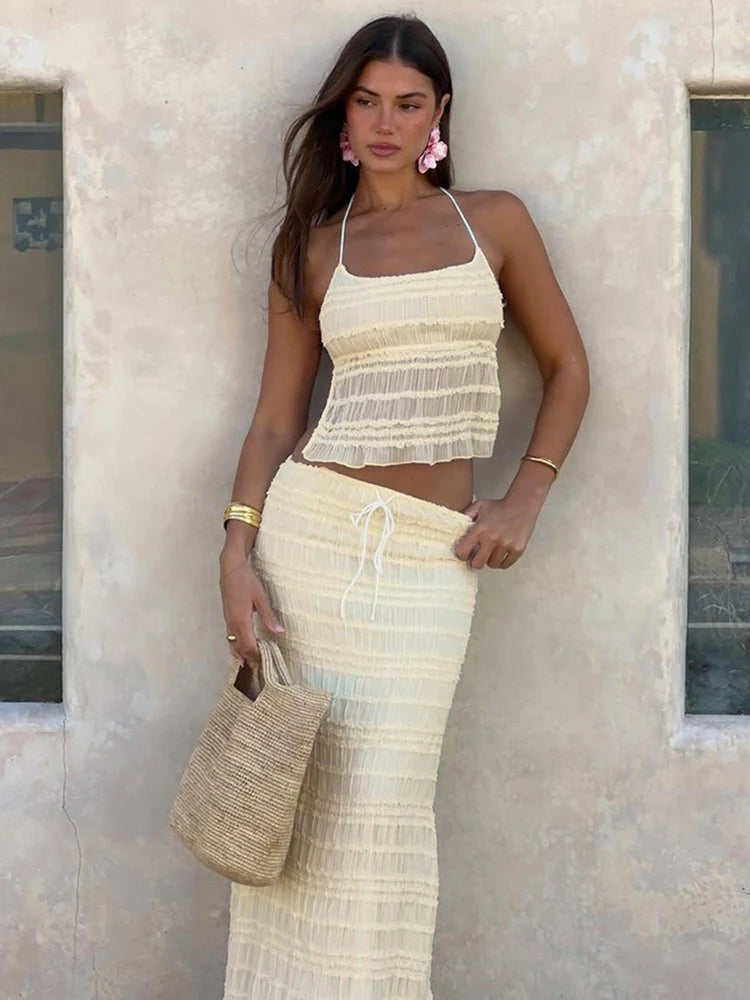 Daria Mesh Ruched Halter Maxi Skirt Set Two-piece