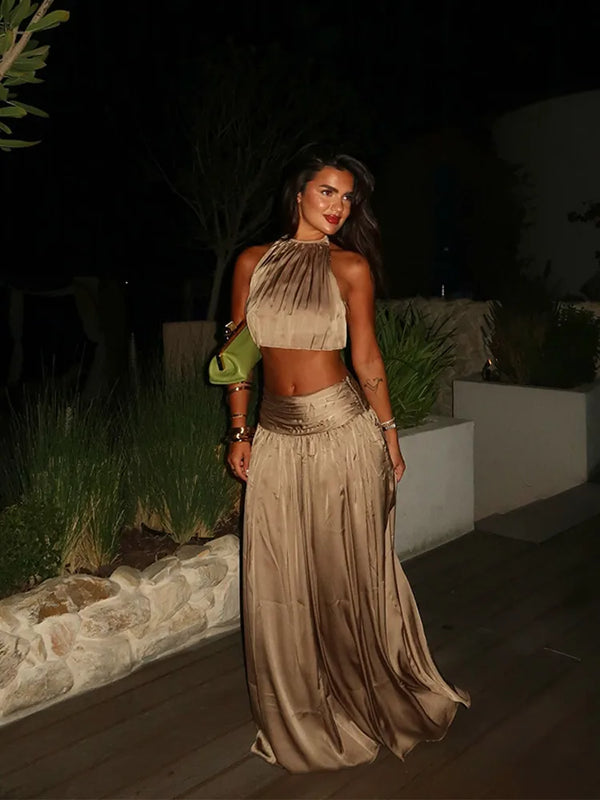Pilar Lace-Up Halter Crop Top & Pleated Maxi Skirt Two-piece