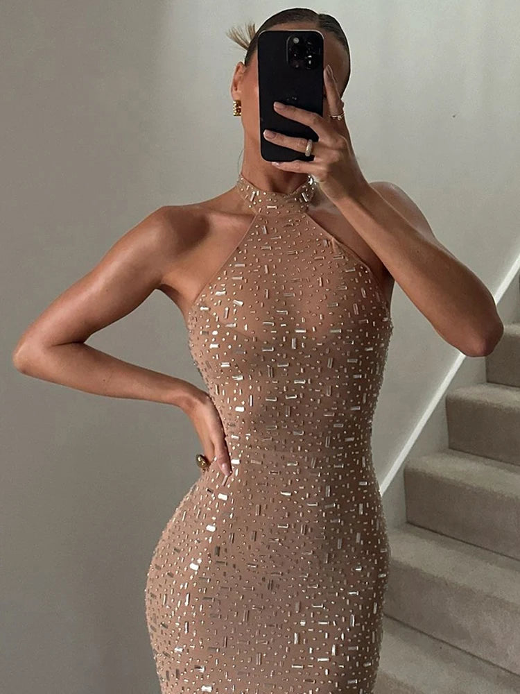Giselle Sequin-Appliqué Halter Bodycon Maxi Dress