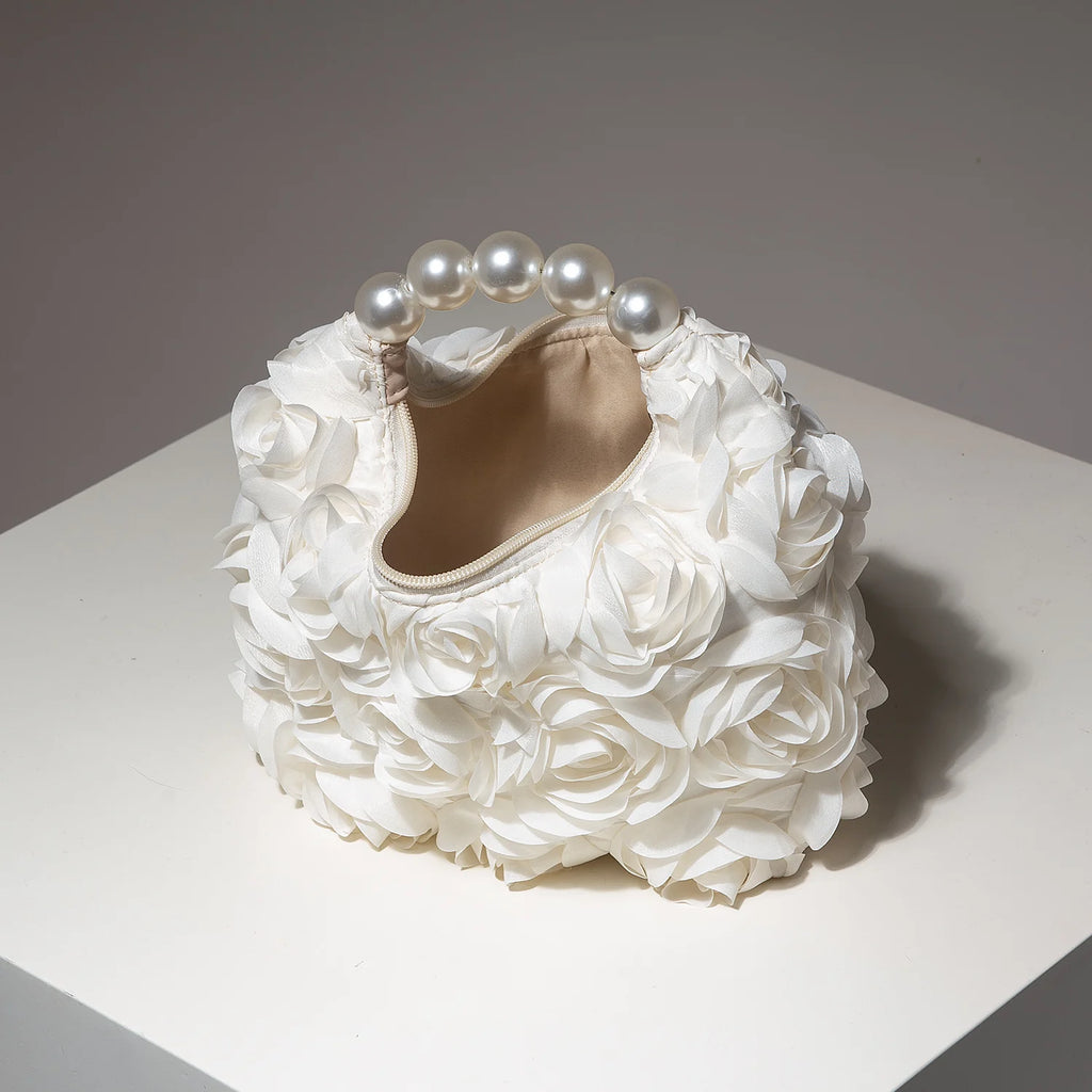 Rosalind Satin Rosette Pearl-Handle Half-Moon Evening Bag