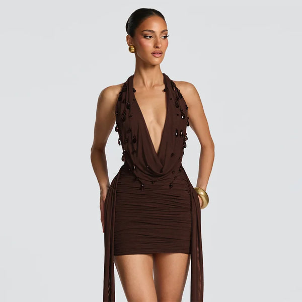 Roxana Beaded Deep-V Halter Mini Dress