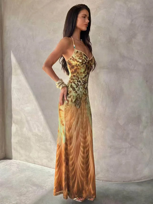 Rosamond Abstract Print V-Neck Cami Bodycon Maxi Dress