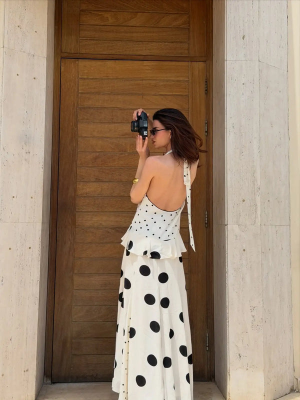 Cambria Polka-Dot Flowy Halter Maxi Dress
