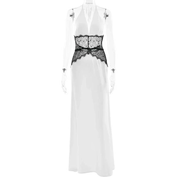Pervinca Lace-Panel Satin Plunge Halter Backless Maxi Dress