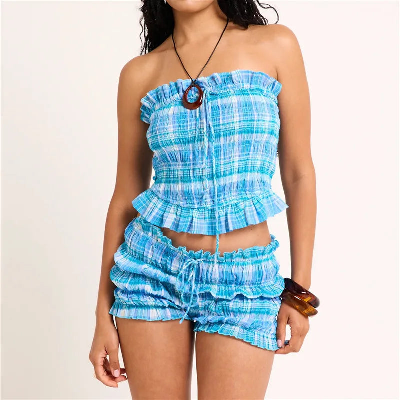 hirigin Y2K Retro Plaid Smocked Tube Top Ruffled Drawstring Shorts Two Piece Set Casual Summer Outfit For Women Beach Vacation
