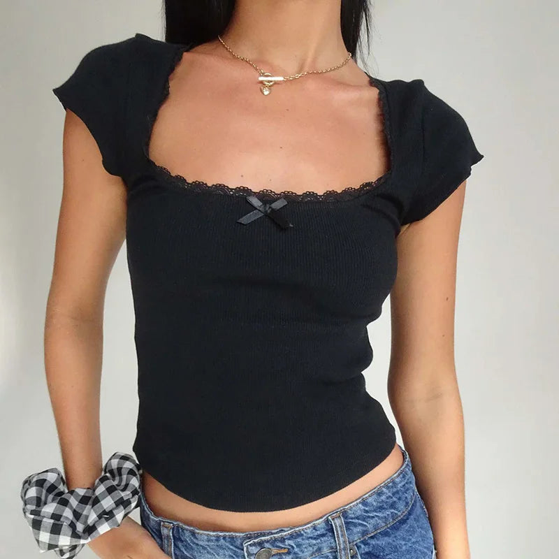 Maisie Lace-Trim Square-Neck Baby Tee One-piece