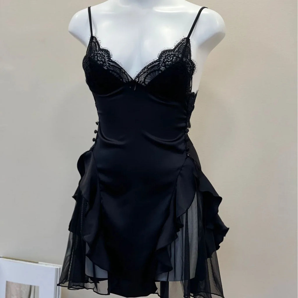 Noelle Lace-Trim Velvet Ruffle Backless Mini Nightgown