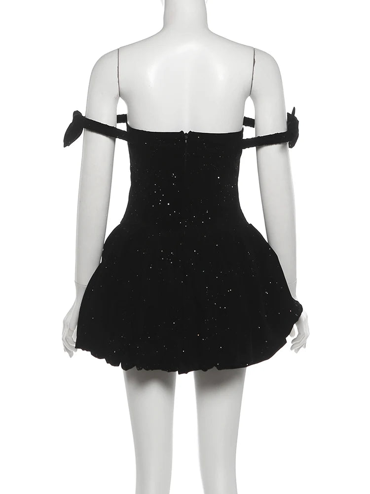 Amarisa Glitter Off-Shoulder Bow Corset Bubble-Hem Mini Dress