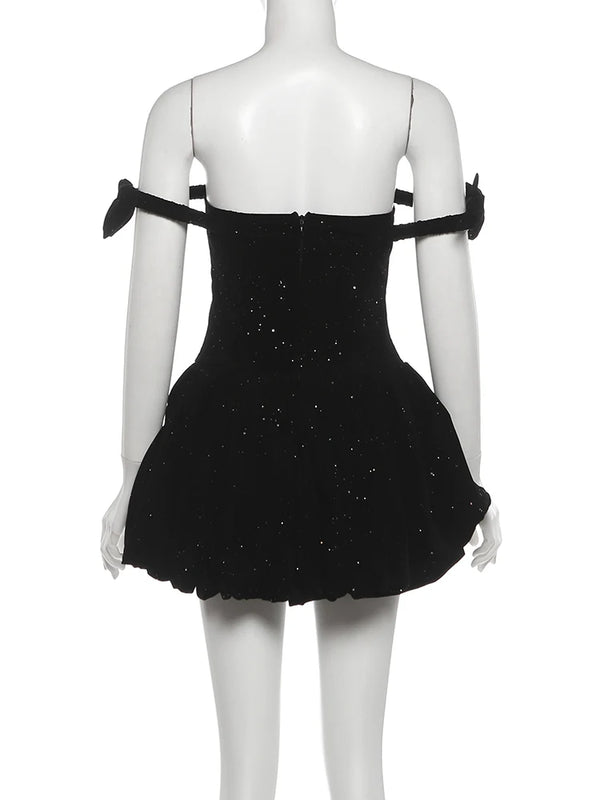 Amarisa Glitter Off-Shoulder Bow Corset Bubble-Hem Mini Dress