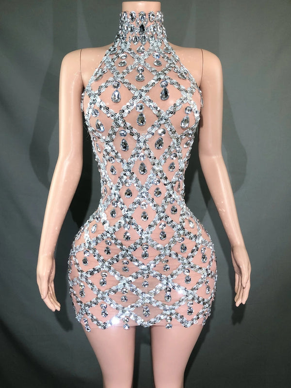 Elettra Rhinestone Sequin Lattice Sheer Mesh Mock-Neck Mini Dress