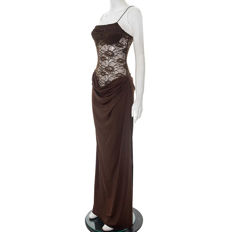 Valentina Cocoa Lace Draped Maxi Dress
