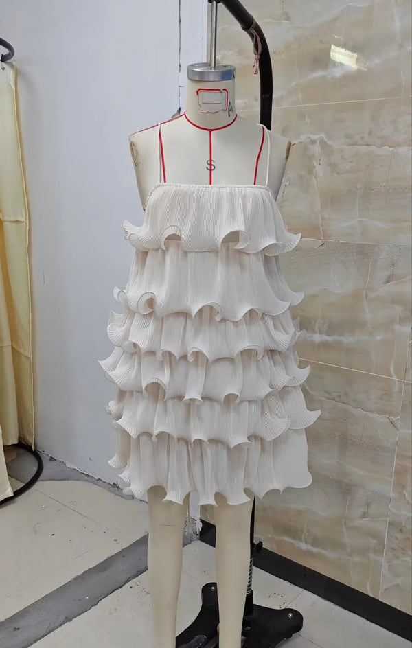 hirigin Women Summer Sleeveless Spaghetti Strap Dress Solid Color Chiffon Tiered Ruffled Mini Party Dress Vacation Streetwear