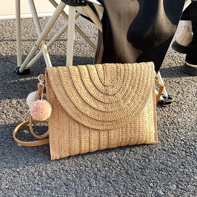 Soleil Woven Straw Envelope Crossbody Bag