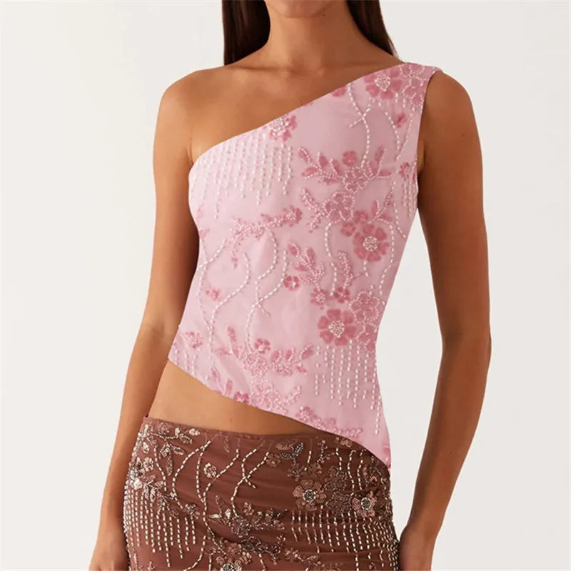 hirigin Women Y2k Sequin Sparkle Crop Tops Sexy One Shoulder Asymmetrical Backless Tank Top Glitter Beaded Rhinestone Slim Shirt