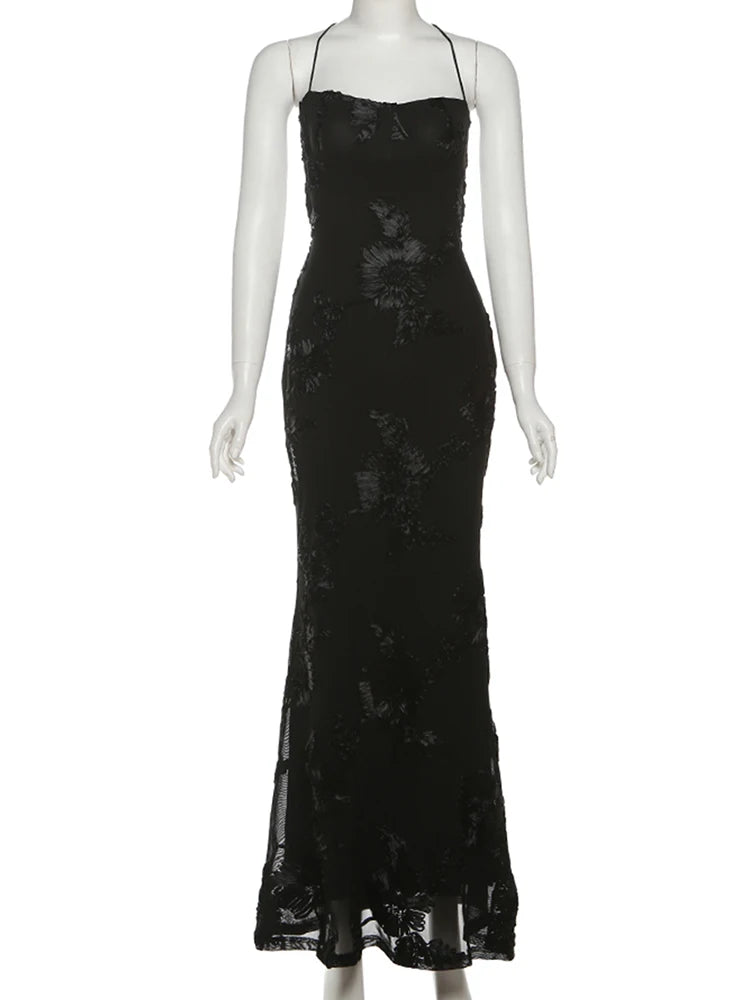 Isabella Spaghetti Strap Floral Embroidered Bodycon Maxi Dress