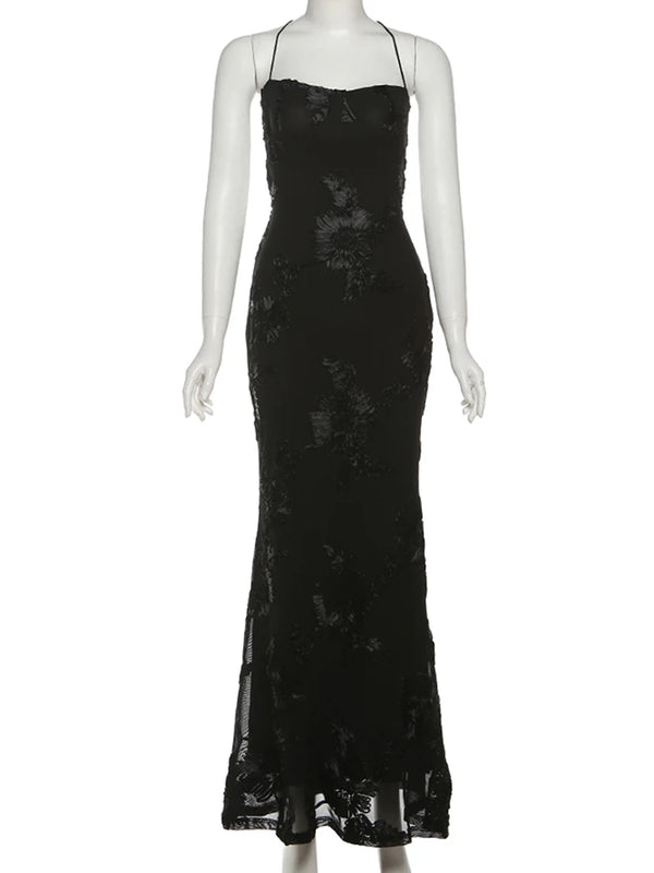 Isabella Spaghetti Strap Floral Embroidered Bodycon Maxi Dress