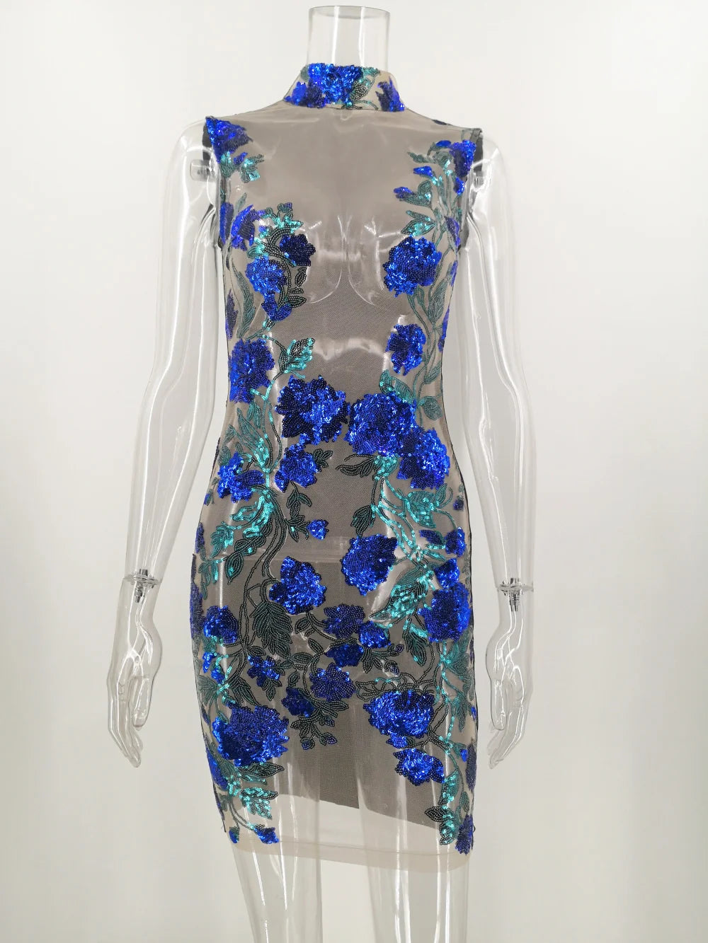 Iseult Sheer Mesh Floral Sequin Plunge Bodycon Mini Dress