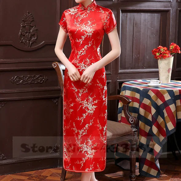 Feng Dragon-and-Phoenix Satin Qipao Maxi Dress