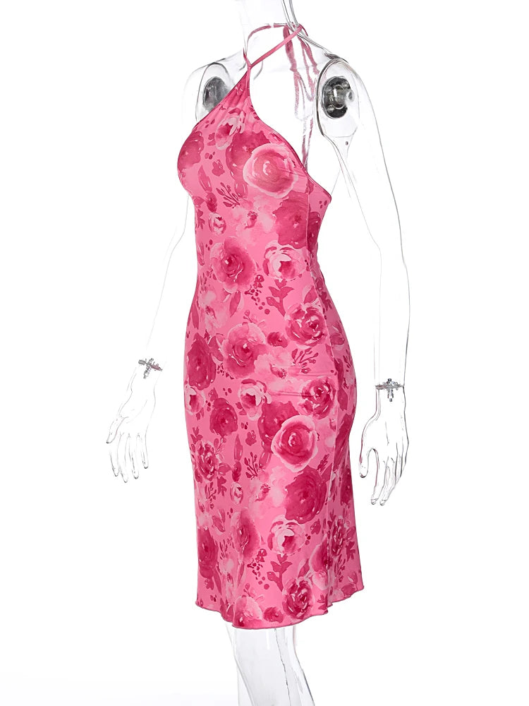 Rosalina Floral Halter Bodycon Midi Dress