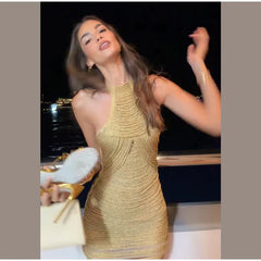 Isabella Gold Halter Ruched Bodycon Mini Dress