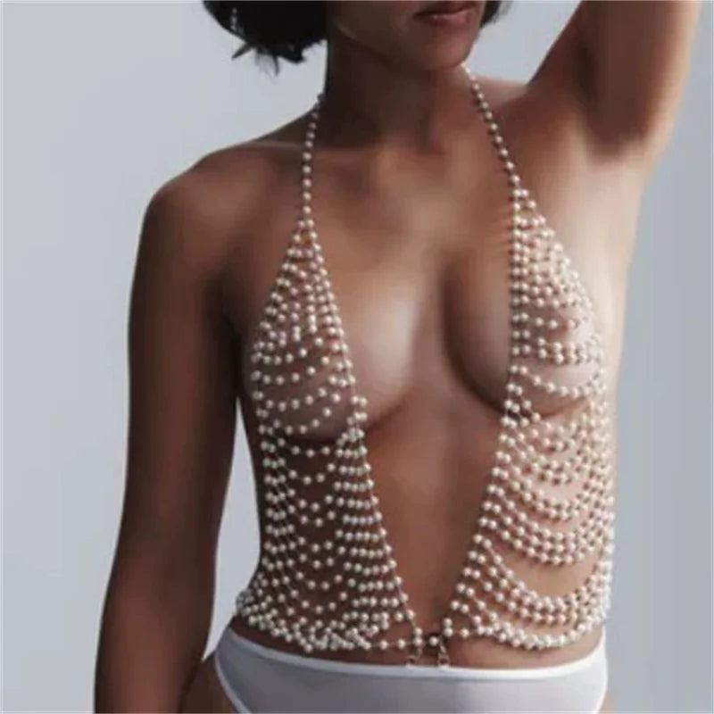 CHICATWILL European Sexy Deep V-Neck Lady Camis Pearls Tops Beach Handmade Beading Body Chains Hot Woman Vest American Female