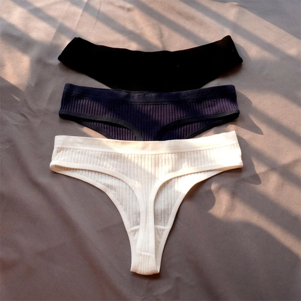 Mirelle Ribbed Cotton Thong Pack Lingerie 3-piece