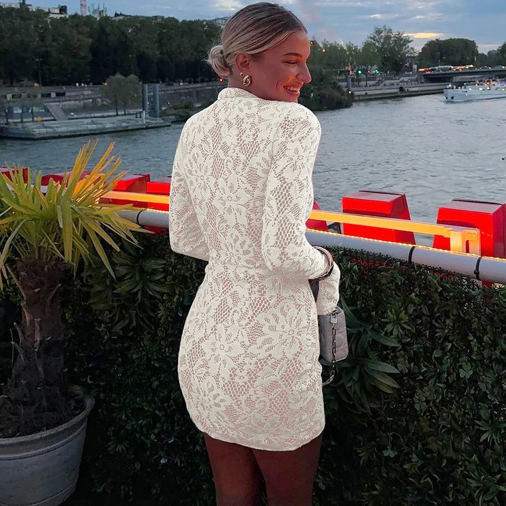 Pearl Lace Keyhole Flare-Sleeve Mini Dress