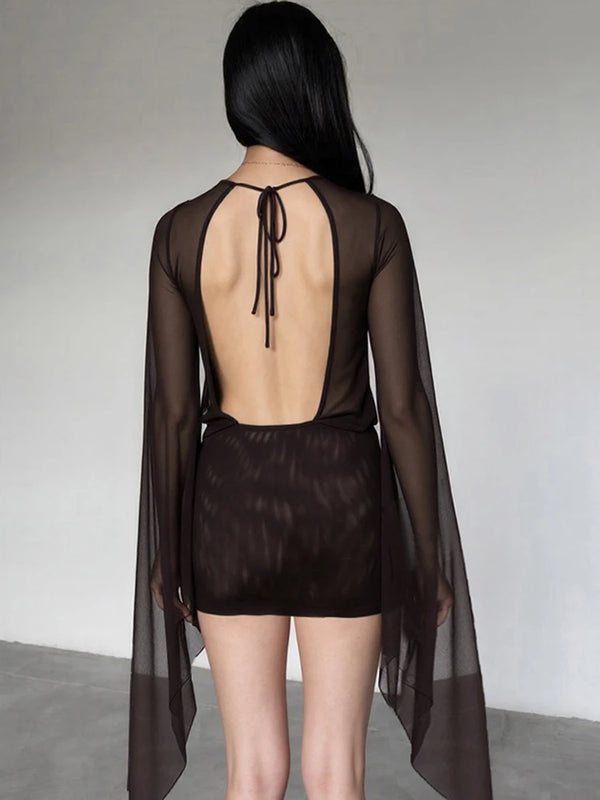 Ilvana Sheer Mesh Plunge Wrap Bell-Sleeve Backless Mini Dress