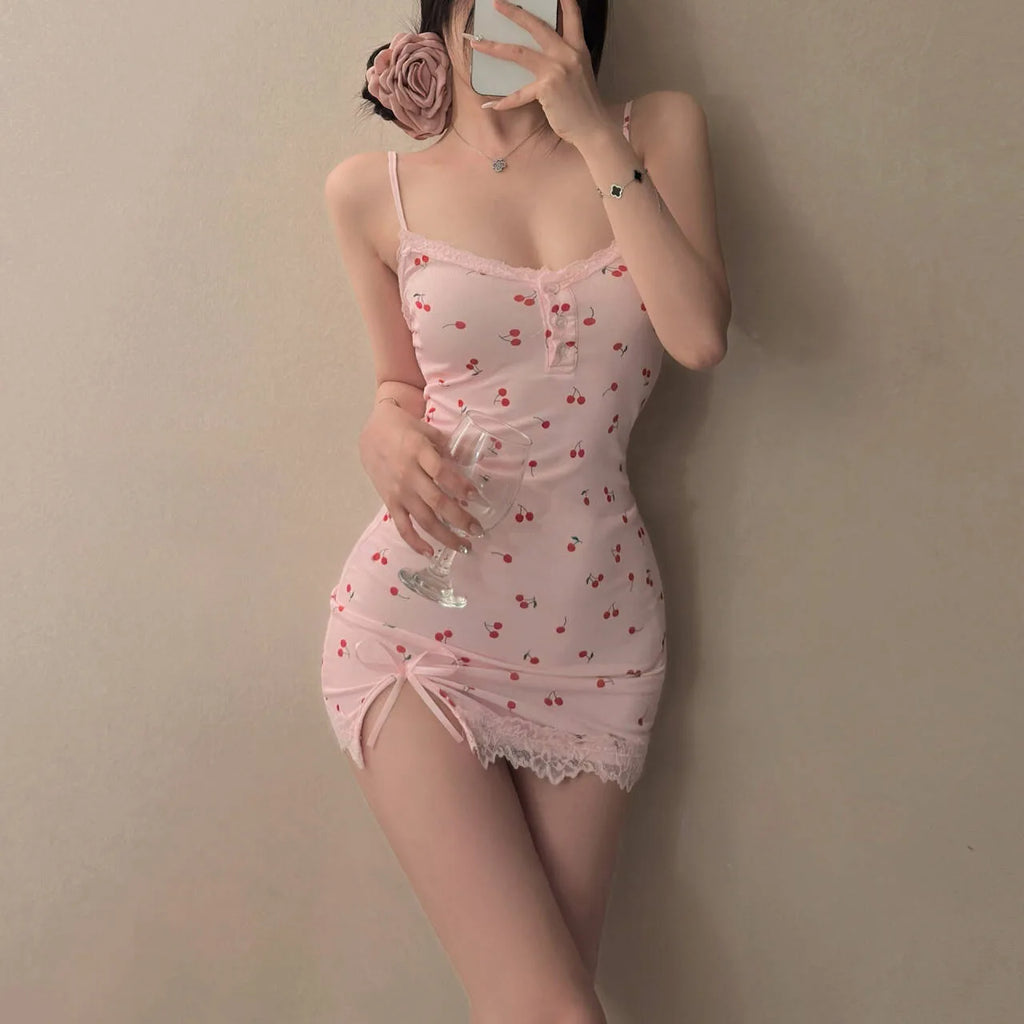 Cerise Cherry-Print Lace-Trim Nightgown Lingerie