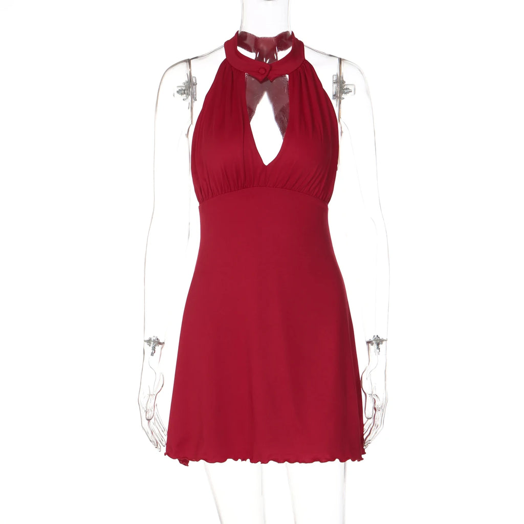 Ruby Ruched Ruffle Halter Mini Dress
