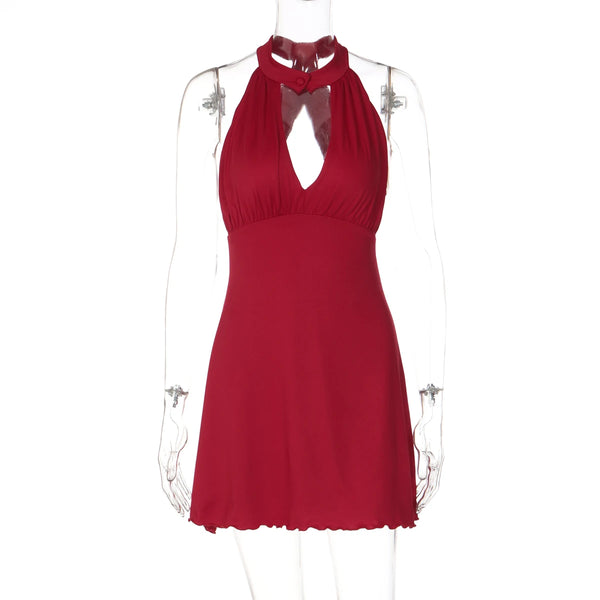 Ruby Ruched Ruffle Halter Mini Dress