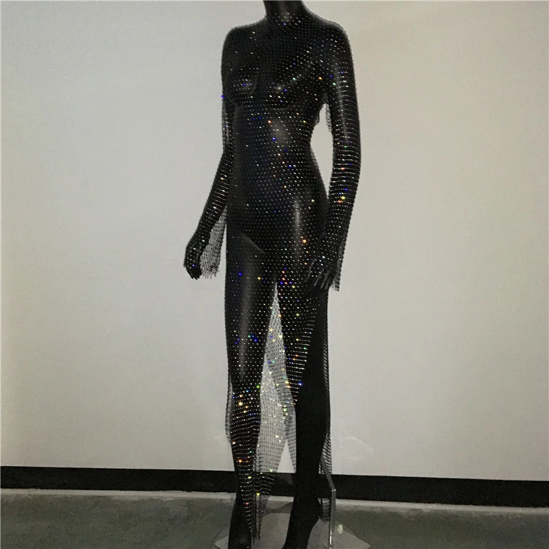 Celestine Rhinestone Fishnet Long-Sleeve Beach Cover-Up One-piece