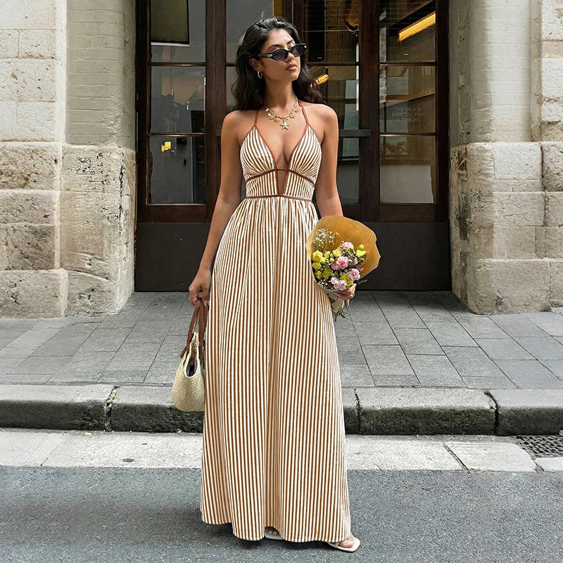 Valencia Striped Deep-V Backless Beach Maxi Dress