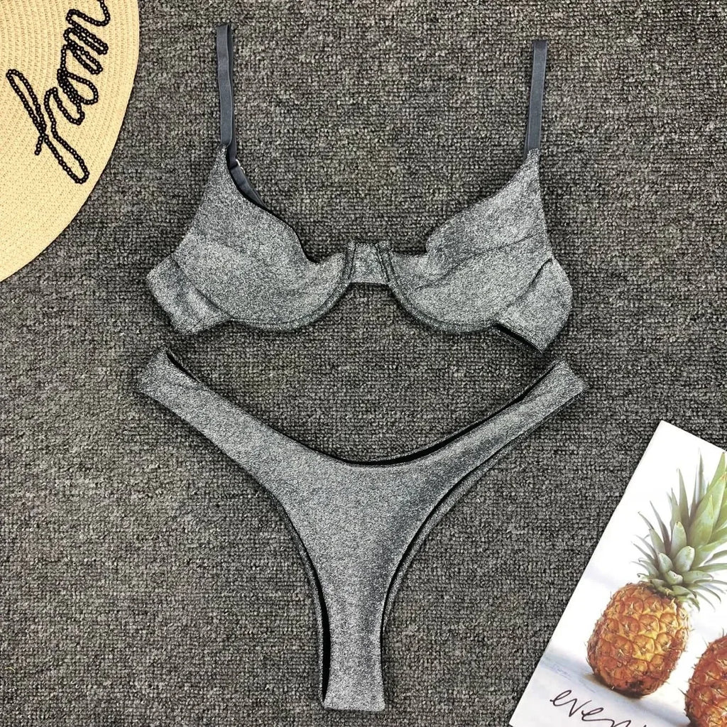 Seraphina Silver Glitter Cutout Bikini Two-piece