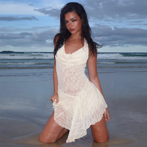 Oriana Floral Sheer Pleated Halter Mini Dress