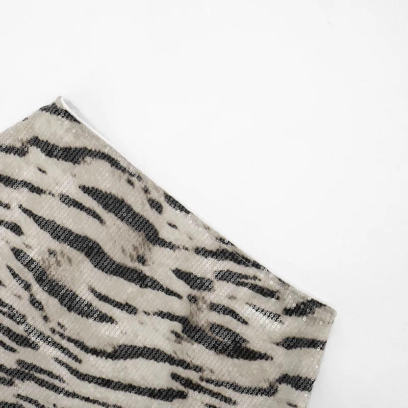 Zahara Zebra-Sequin Backless Mini Skirt Set Two-piece
