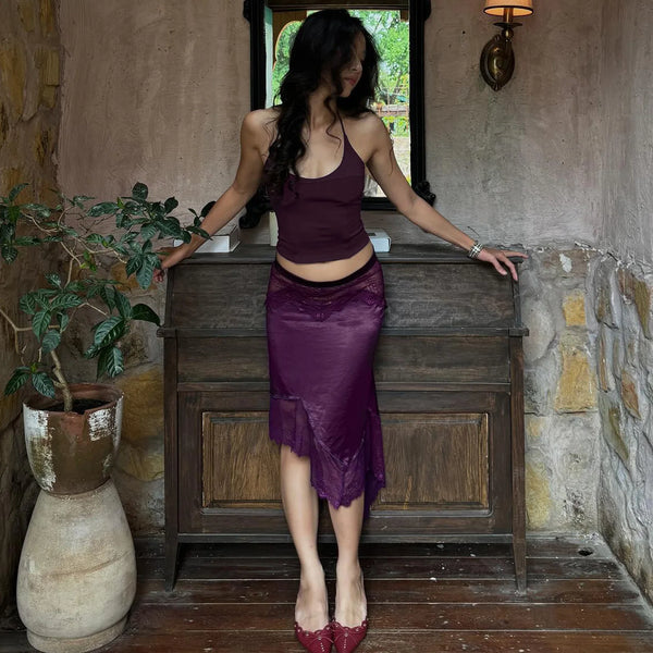 Violetta Lace Satin Asymmetrical Midi Skirt Set Two-piece
