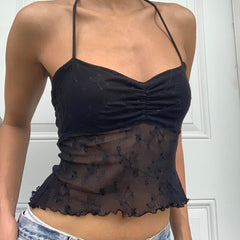Women y2k Fairycore Halterneck Tops Camisole Sleeveless Lacing Ruffle Backless Flower See-through Patchwork Summer Streetwear