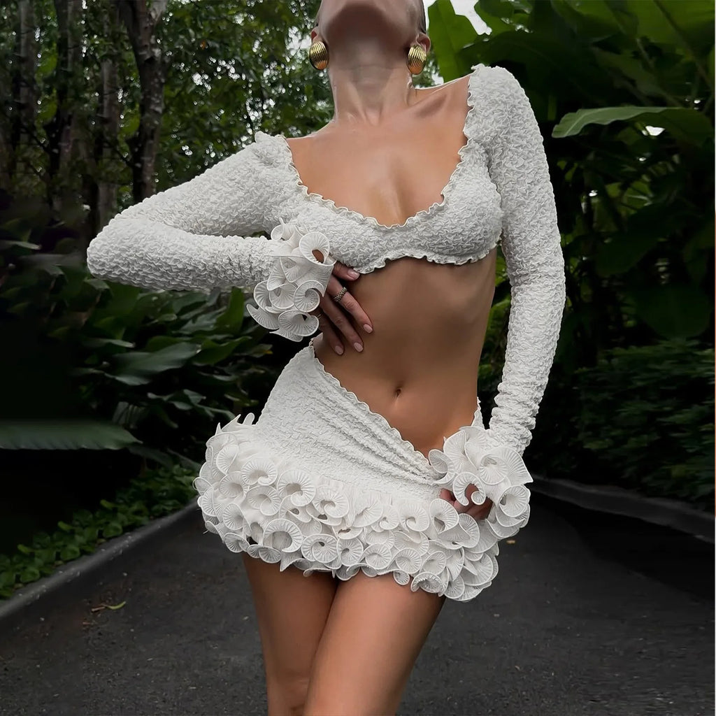 Elowyn White Lace Off-Shoulder Mini Skirt Set Two-piece