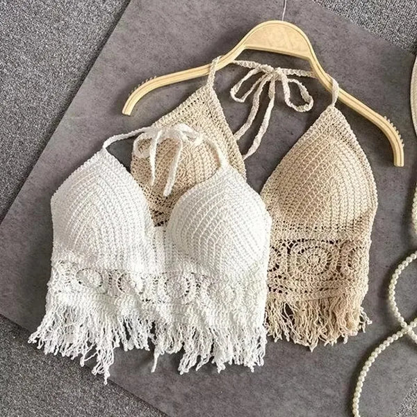 Soleil Crochet Tassel Halter Beach Crop Top One-piece