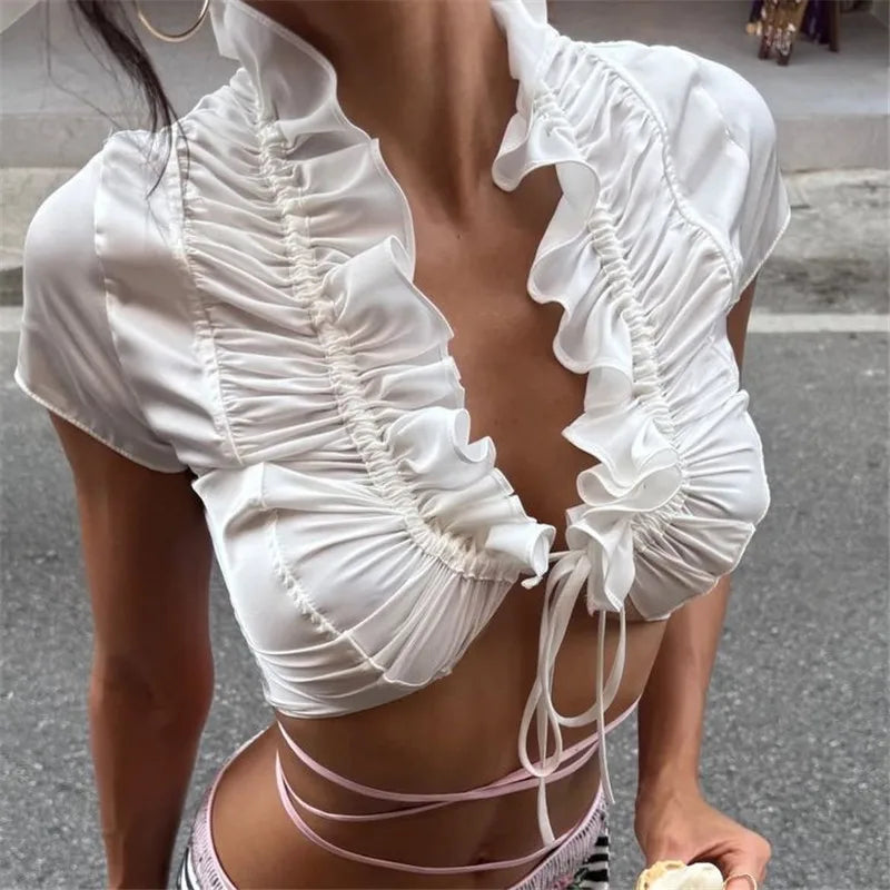 hirigin Sexy Ruffle Trim Satin Crop Top for Women Solid Tie Front Deep V Neck Short Sleeve Blouse Summer Casual Top Streetwear