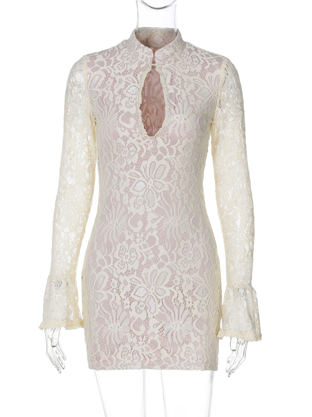 Pearl Lace Keyhole Flare-Sleeve Mini Dress