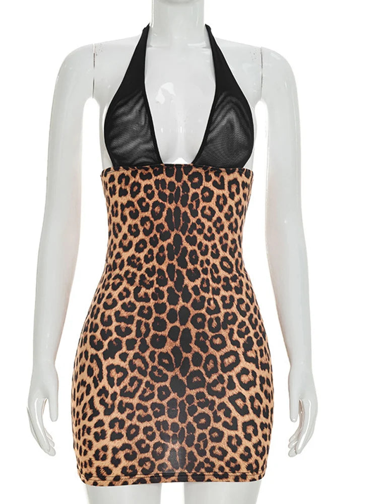 Zaria Leopard Mesh Halter Bodycon Mini Dress